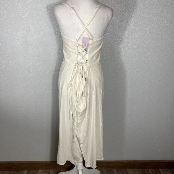 Womens Midi Slip Dress 17 Cream Linen Lace Tie Corset Coastal Cottage Milkmaid - Picture 5 of 12